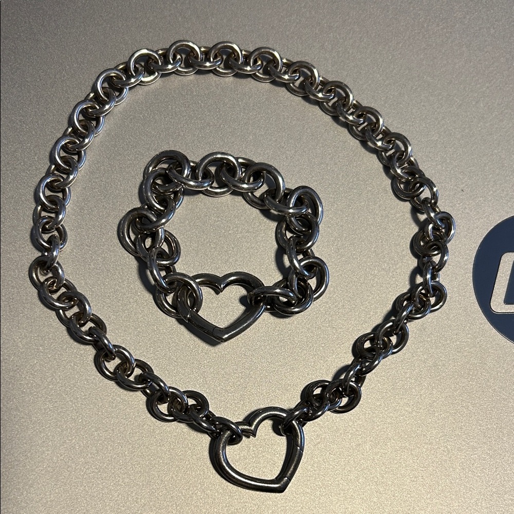 Silver Heart Chain Necklace and Bracelet Set